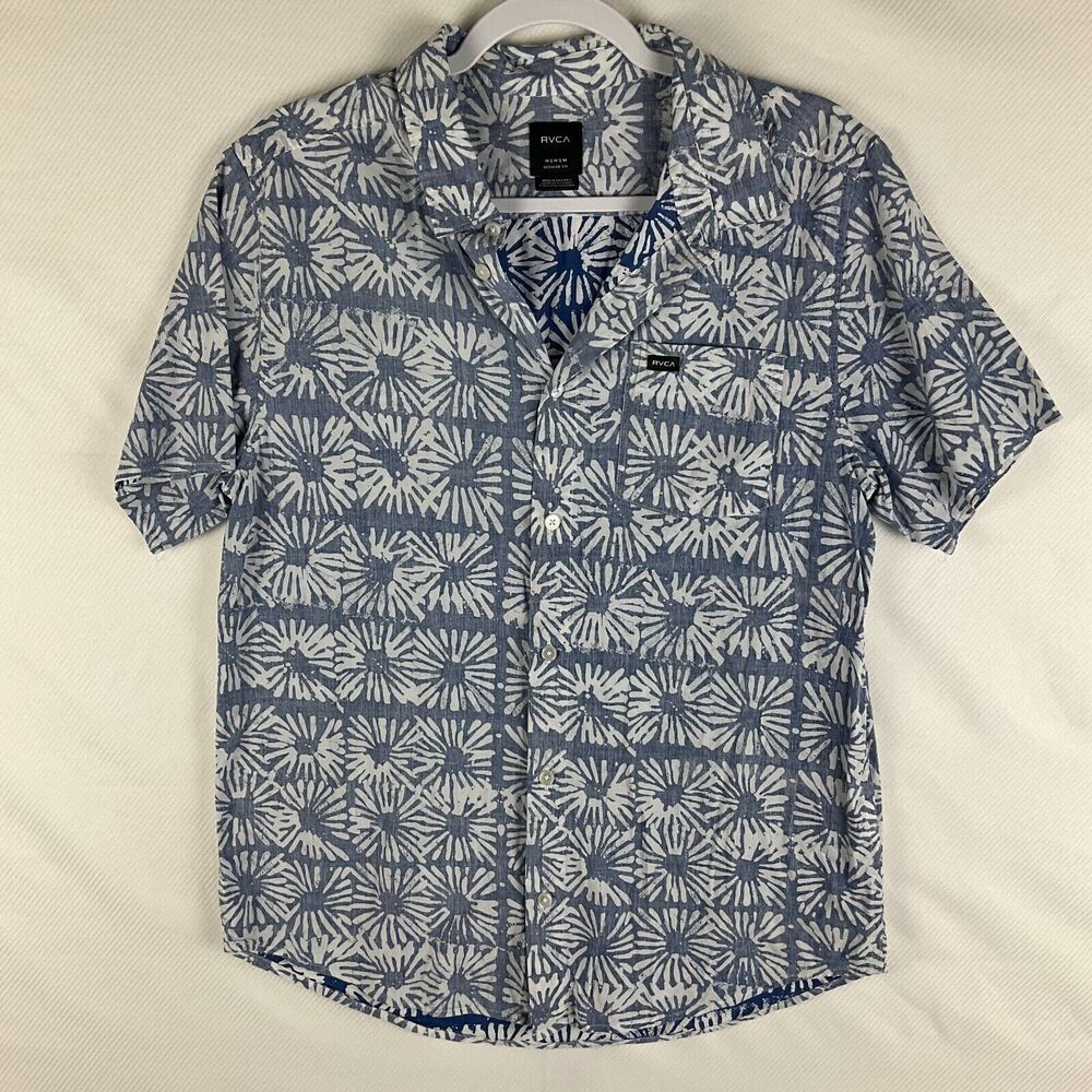 RVCA Mens M Floral Block Print Button-up Shirt Blue Regular Fit